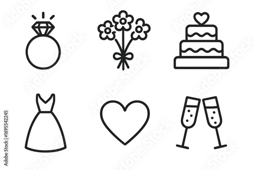 Minimalist wedding icons set with diamond ring, bouquet flowers, heart symbol, tiered cake, bridal dress and champagne glasses, romantic celebration, vector cartoon illustration collection