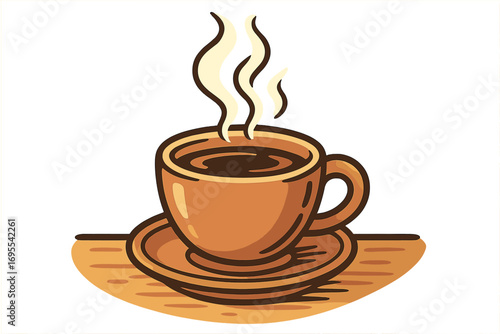 Steaming cup of coffee on table with warm steam rising, cozy morning routine beverage illustration, brown coffee cup and plate vector, cartoon style hot drink, relaxing coffee break