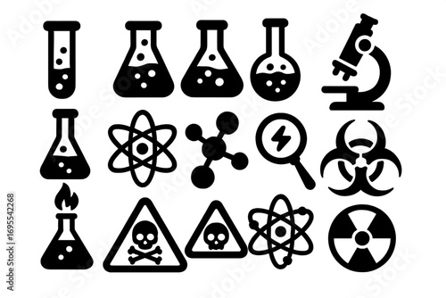 Science icons collection with lab equipment and chemical symbols in bold silhouette style, vector cartoon illustration with transparent background, set of various science and chemistry symbols