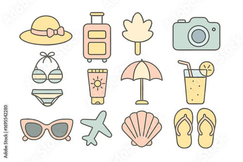 Summer vacation travel flat icon set. Beach essentials in pastel colors. Line art illustration with luggage, bikini, camera, airplane, sunscreen, shell, sunglasses vector.