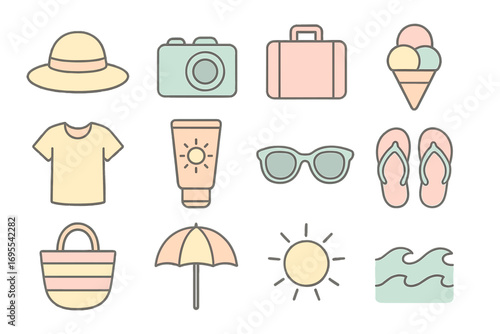 Summer vacation essentials icon set. Flat design vector cartoon illustration of travel items in pastel tones. Beach holiday collection with hat, camera, luggage, and sunscreen.