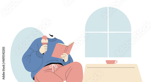 Relaxing Activity Of Reading Book With Cone Ice Cream By The Window And Cozy Lifestyle