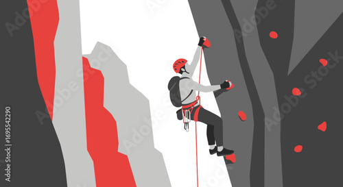 A rock climber ascending a challenging climbing wall in a vector illustration
