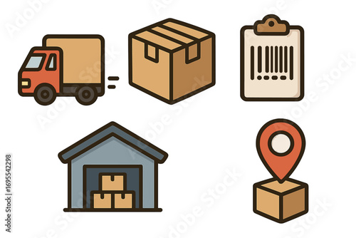 Shipping and logistics icons set, delivery truck, packaging box, barcode clipboard, warehouse storage, location pin on parcel, vector cartoon illustration, transparent background, ordered set