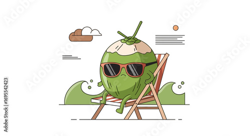 Relaxing Coconut Character Enjoying Leisure Time Seaside Sunglasses and Beach Chair Rest