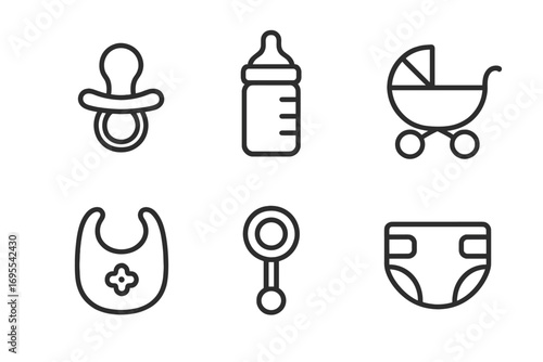 Baby essentials thin line icon set. Pacifier, bottle, stroller, bib, rattle, diaper. Newborn care symbols. Simple vector pictogram collection for web and mobile design.