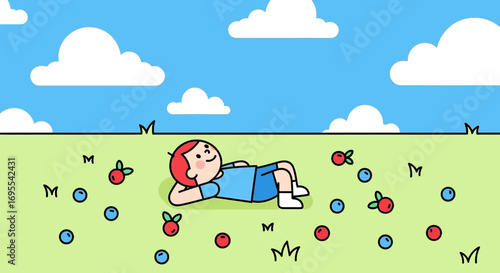 Relaxing Child Observes Nature Amidst Berries And Lush Vegetation Under A Blue Sky