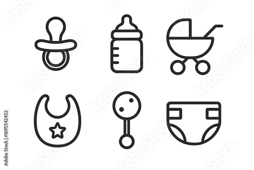 Baby essentials outline icon set. Minimalist vector line art of pacifier, bottle, stroller, bib, rattle, diaper. Newborn childcare symbols for web and mobile design.