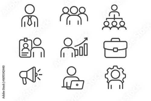 Staff and Company Job Icons Set, Thin Line Editable Stroke Vector Pack for Business, Careers, Employment, Office Work, Team Structure, Growth, Marketing, Technology, and Management