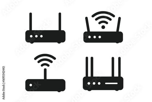 Wireless router icon set. Wi-Fi modem silhouette collection for internet and network connection concepts. Vector illustration of communication technology and data signal symbols.