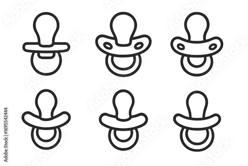 Variety of pacifier outline icons. Minimalist baby soother and dummy symbol collection. Vector line art for newborn, infant care, childhood, and teething concepts.