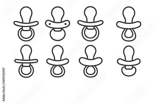 Pacifier icon set. Baby dummy and soother variety. Minimalist outline vector illustration for newborn and infant care. Simple childhood object collection. Isolated cartoon icons.
