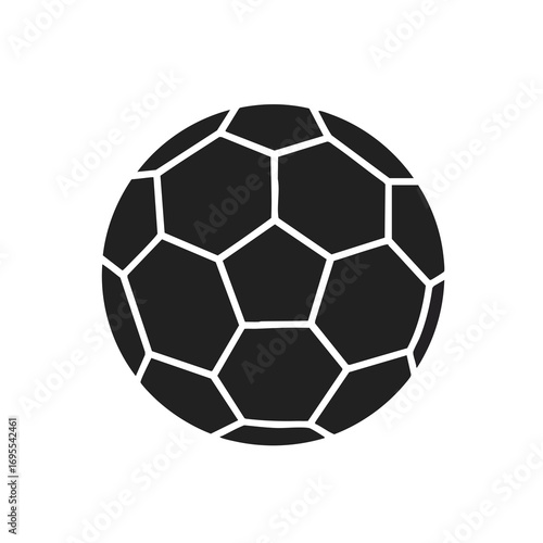 Black and white illustration of a soccer ball, showing pentagons and hexagons.