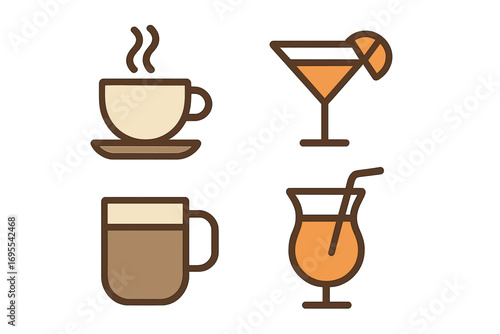 Minimalist beverage icon set with coffee and cocktail elements. Vector cartoon illustration of drinks. Includes hot coffee cup, latte mug, martini glass and tropical juice for cafe menu.