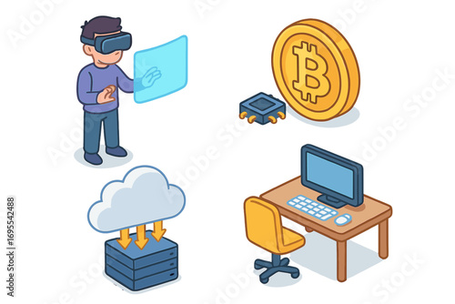 Technology icons collection with virtual reality headset, cryptocurrency bitcoin coin, cloud computing data storage, and office computer setup in isometric cartoon style vector illustration