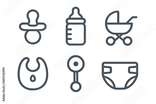 Baby essentials icon set. Minimalist line art vector illustration. Pacifier, bottle, stroller, bib, rattle, diaper. Newborn, childcare, and parenting concepts. Simple outline icons.