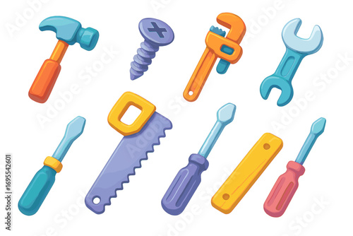 Colorful 3D tool icons set for digital design. Vector cartoon illustration with plastic toy instruments. Includes hammer, wrench, screwdriver, saw, and screw for construction.
