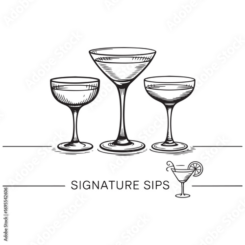 Signature Sips with Martini and Cocktail Glasses Vector Design