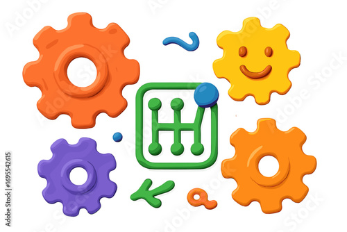 Colorful clay style gears and shift pattern. Playful vector illustration set. Mechanic cogs, car transmission symbol and funny face. Teamwork, process and control concept.