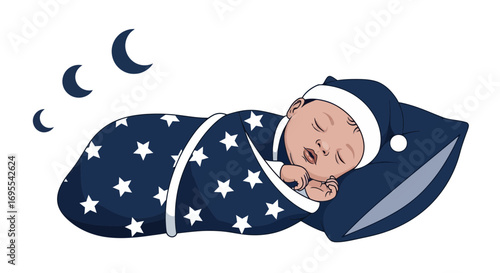 A Serene Illustration Depicting a Peaceful Newborn Infant Asleep at Night, In Dreams