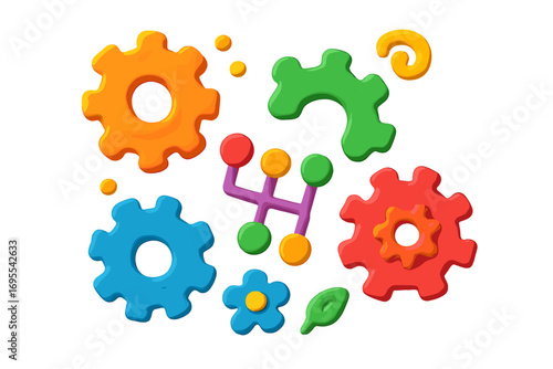 Set of colorful clay plasticine gears and car gear shift pattern. 3D cartoon vector illustration of cogwheels and playful design elements. Mechanism, transmission concept.