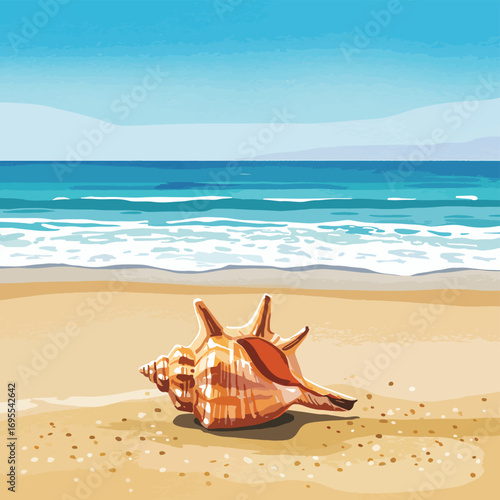 A beautiful watercolor painting of a seashell on a sandy beach, with gentle ocean waves and a bright blue sky, evoking calmness and tranquility.