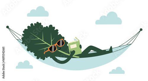 Relaxing Leaf Character Reading A Book In A Hammock Under A Smiling Cloudless Sky