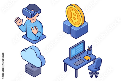 Isometric Tech Icons Collection Including Virtual Reality Headset User, Cryptocurrency Bitcoin Coin, Cloud Computing Server, and Modern Office Desk Setup Vector Illustration