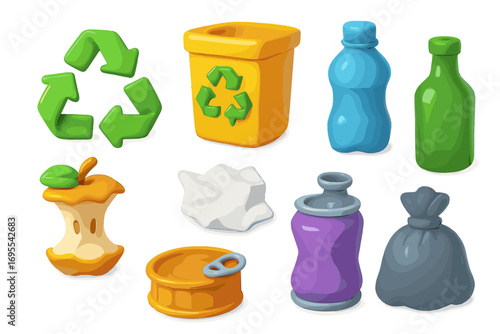 Recycling icon set with waste sorting symbols in 3D cartoon style. Vector illustration of garbage types like plastic, glass, paper, metal, and organic for ecology concepts.