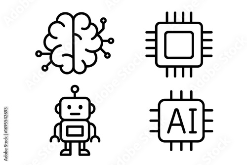 Technology icon pack with brain chip robot and artificial intelligence symbols, vector cartoon set for app, web, post, and card design, digital innovation elements collection