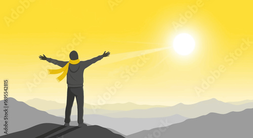 A Silhouette Person Standing on Top of a Mountain with Open Arms at Sunset