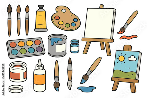 Painting tools and art supplies doodle set. Creative artist equipment with brushes, paints, palette, watercolor, and canvas on easel. Vector cartoon illustration collection.