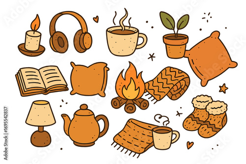 Cozy home comforts doodle set. Vector illustration of hygge lifestyle elements. Warm relaxing collection with book, candle, fire, coffee, tea, blanket, pillow for autumn.