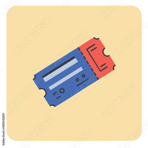 A colorful illustration of a ticket, possibly for an event or transportation, with a detailed design.
