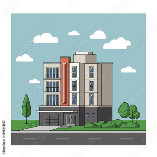 Flat design vector illustration of a modern, elegant building with sophisticated architecture, suitable for residential or commercial projects in a serene setting.