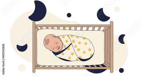 A Sleeping Baby In A Crib Surrounded By Moons And Starry Swaddling
