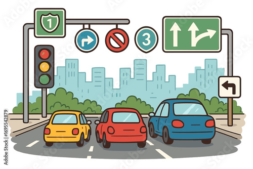 Urban traffic signals and numbered route signs guiding drivers through city streets during daylight, showing road rules, direction indicators, and traffic control, vector cartoon
