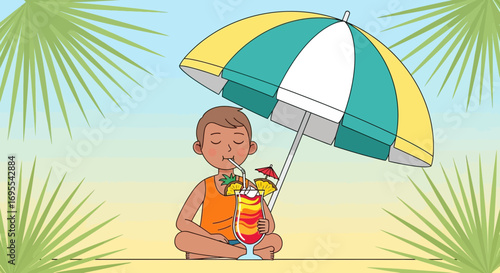 Relaxing On The Beach With A Refreshing Cocktail Under The Summer Sunshade