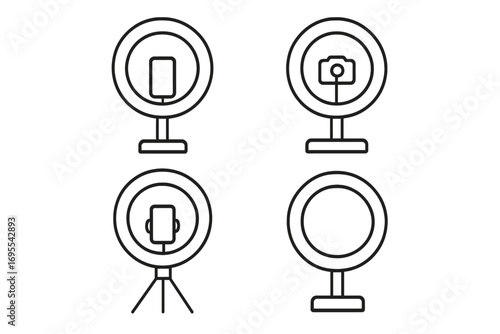 Ring light line art icon set for content creation and vlogging. Minimalist vector symbols for streaming, social media, phone, camera, video production, and lighting equipment.