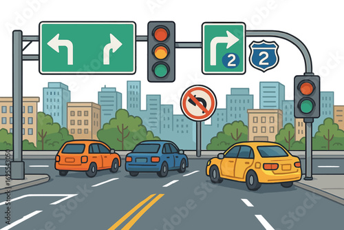 Traffic signals and numbered routes guiding drivers in urban city street during daylight, showing clear road signs, direction arrows, no U-turn sign, and traffic lights, vector cartoon