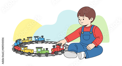 A smiling boy playing with a colorful toy train set on a track illustration