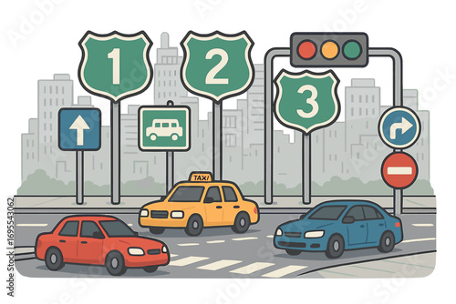 Urban traffic signals and numbered route signs guiding cars with road rules and direction indicators in daylight city scene, vector cartoon illustration