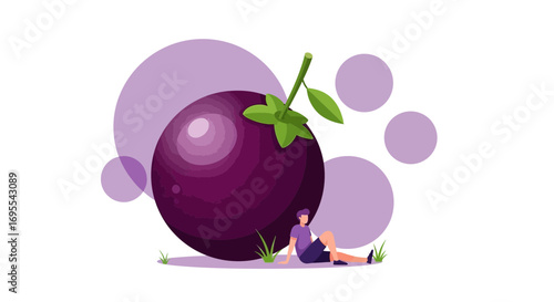 Relaxing Scene Depicting a Person Reclining Near Huge Mangosteen Fruit Graphic