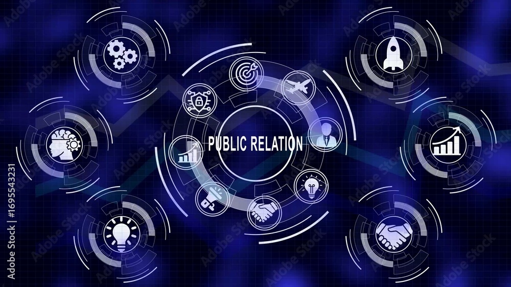 Fototapeta premium Public relations concept depicted with digital icons on a dark blue gradient background