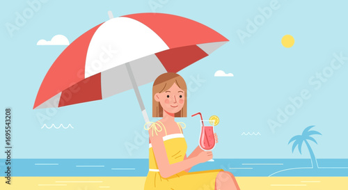 Relaxing Summer Day: Woman Enjoying Drink Under Beach Umbrella on Sun and Sand
