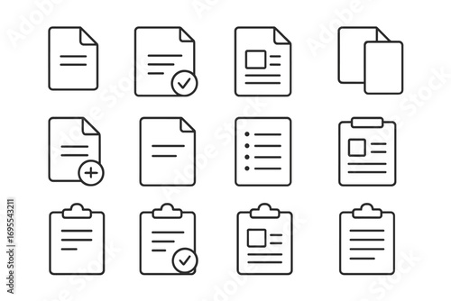 Various clipboards and documents thin line icons collection with editable stroke for web design, apps, books, cards, and vector illustrations in transparent background