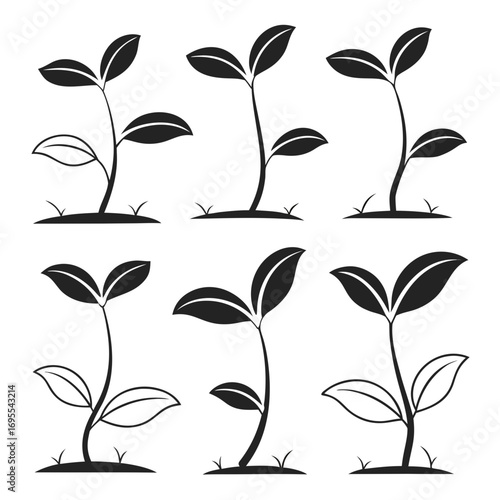 Six stylized plant sprouts growing from soil in a grid pattern