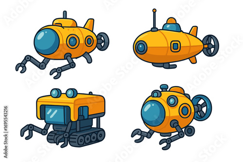 Underwater exploration vehicles for marine discovery and oceanic research missions, submarine robots, remotely operated vehicles, deep-sea exploration technology, vector cartoon illustration
