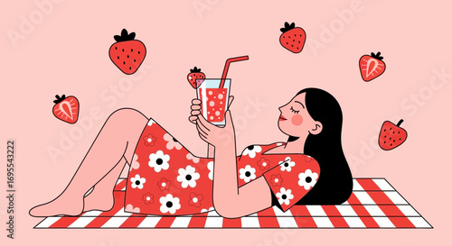 Relaxing Summer Day: Woman Enjoying a Strawberry Drink in a Delightful Illustration