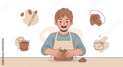 A Smiling Young Man Working with Clay in Apron Illustrative Studio Art Concept